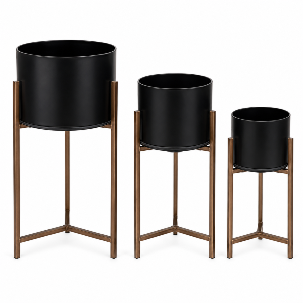 Set of 3 Black Metal Planter Pots with Stands